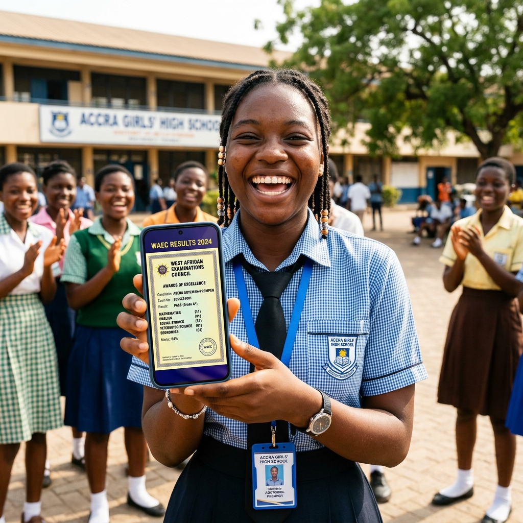 Student showing WAEC result on phone